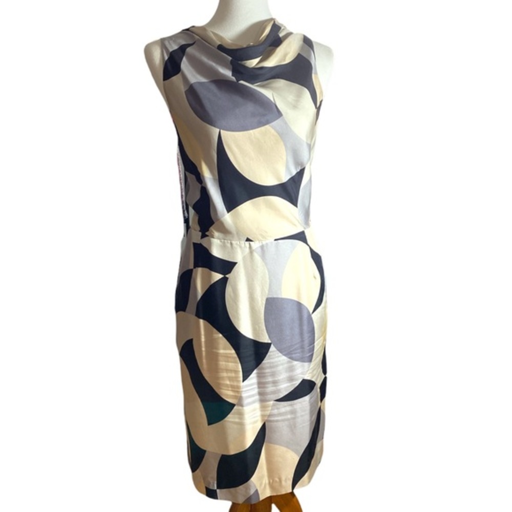 ELLEN TRACY Silk sheath dress with cowl neck detail, abstract print Sz 14